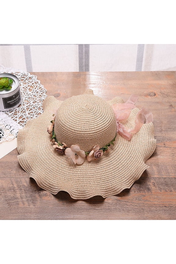 Women's hat big wave flower sun hat beach outdoor sun hat sun protection straw hat pink 1 piece