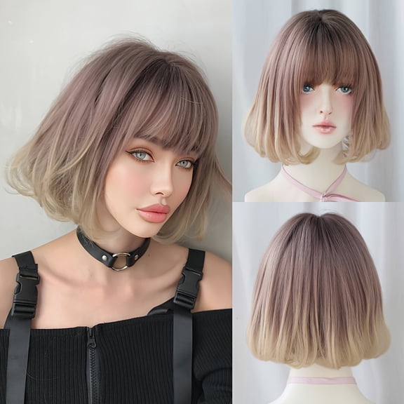 Women's heat-resistant synthetic short straight bob wig with bangs - rose pink gradient with natural brown/gold highlights, high-density voluminous texture, 11.81-inch long wavy bangs, layered ends,