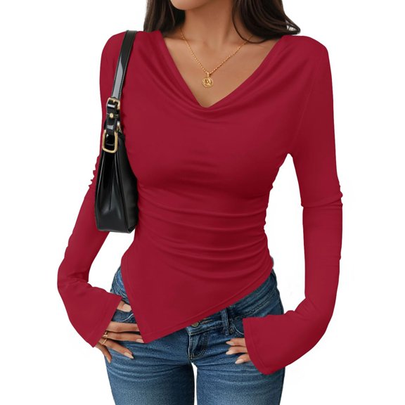 Women's high-neck drawstring pleated asymmetrical hem long-sleeved slim-fit T-shirt