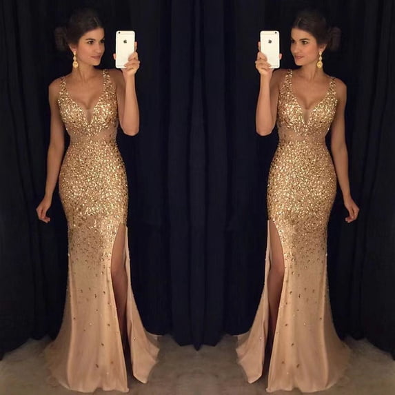 Women's high-slit gold-embroidered dress, long evening gown