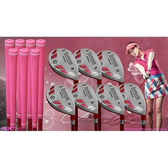 Women's iDrive Golf Clubs All Ladies Pink Hybrid Complete Full Set which Includes: #5, 6, 7, 8, 9, PW +SW Lady Flex Right Handed New Utility L Flex Club