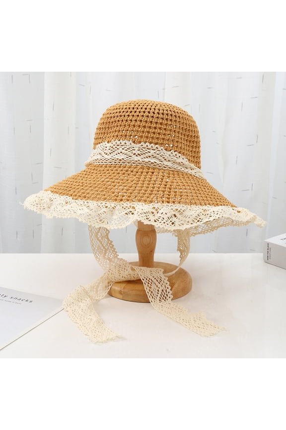 Women's lace straw hat summer fashion sun hat sun hat outdoor sun hat white 1 piece