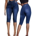 thumbnail image 1 of Women's large size navy color versatile casual style denim shorts, stretchy soft and comfortable jeans cropped leggings for women, 1 of 5