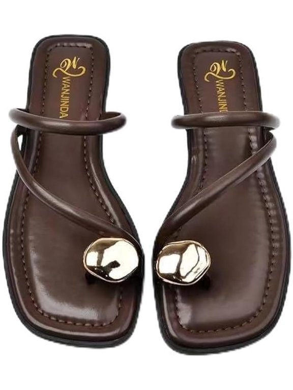 Women's Flat Sandals with Metal Toe Ring Square Open Toe Casual Summer Beach Sandals