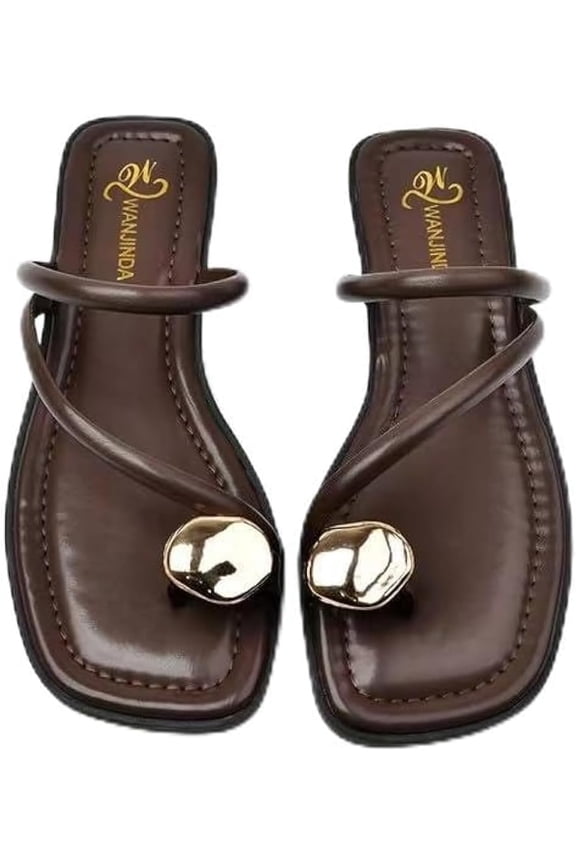 Women's leather flat metal toe ring sandals fashionable square open toe low block heel Sandal Casual Summer Beach