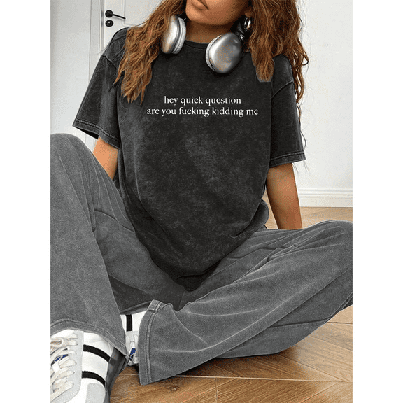 Women's letter graphic Tee T-shirt Water Washed Round Neck Short Sleeve Comfortable casual Black S-2XL Plus Size