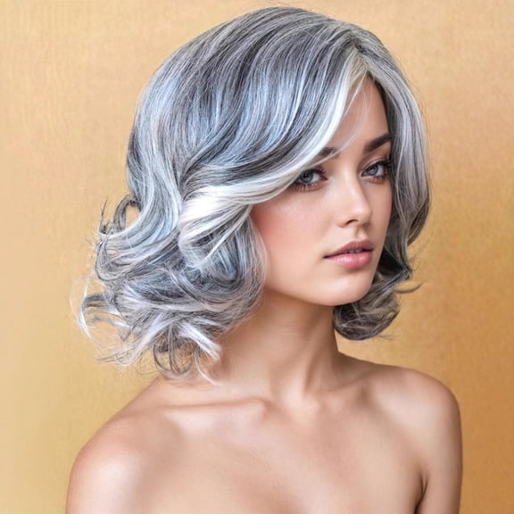 Women's long curly wig, gray-white short hair, fluffy side-parted bangs, chemical fiber headgear