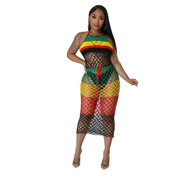 Women's long - fringe braided, color - matched beach dress