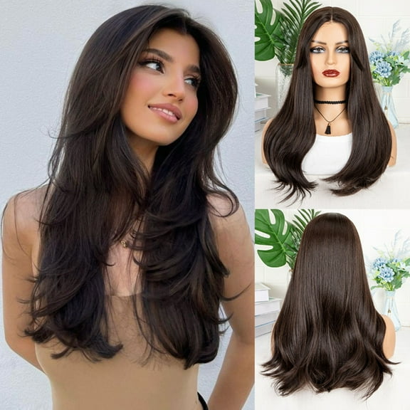 Women's long layered wig, natural wave wig, human hair side parting, heat resistant, lightweight, tangle free, suitable for daily use and clothing