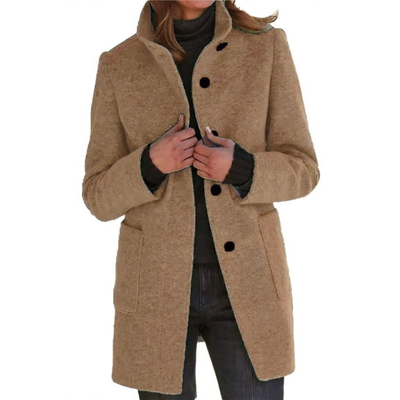 Women's long pea coat, stand collar, single-breasted, wool blend pea coat, thickened