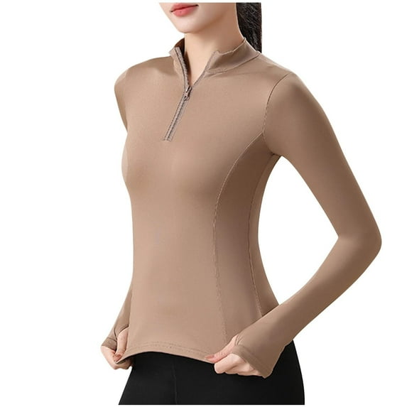Women's long sleeve crew neck workout t-shirt Quarter Zip Pullover Athletic Slim Fit Crop Yoga Gym Tops