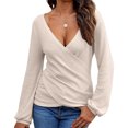 thumbnail image 1 of Women's long-sleeved V-neck wrap shirt, business casual loose lightweight knit top, 1 of 8