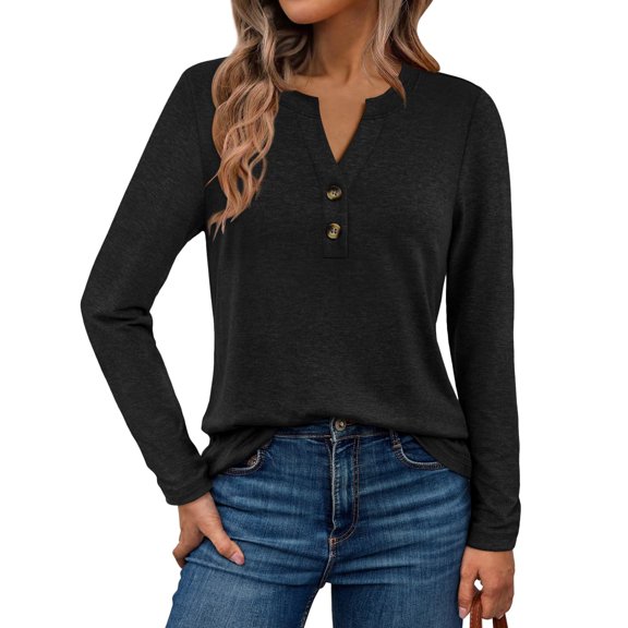 Women's long-sleeved casual formal tops Henley V-neck fall clothing