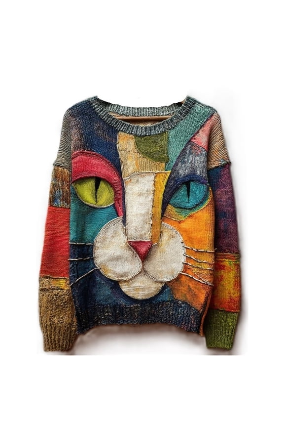 Women's long-sleeved cat jacquard knit sweater, artistic abstract cat pattern, spring women's sweatshirt, 3D printed top