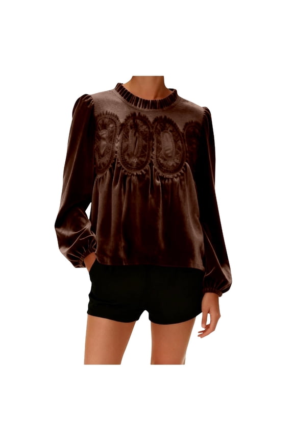 Women's long-sleeved -trimmed lace blouse, elegant flared hem, round neck casual top