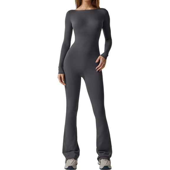 Women's long sleeved waist tightening and hip lifting open back wide leg stretch jumpsuit