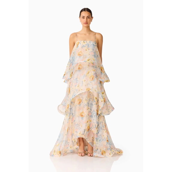 Women's long strap dress with fresh floral print and multi-layer cake design