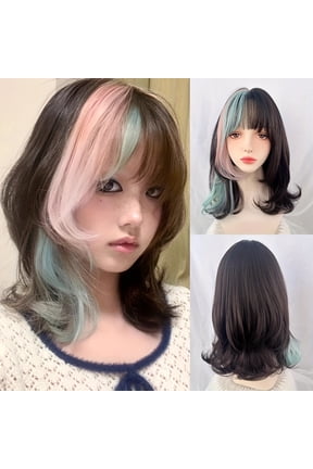 Women's long wavy synthetic wig, black-brown with pink/blue/green highlights - naturally thick, voluminous, and layered, suitable for everyday wear, parties, and cosplay - comfortable rose mesh cap t