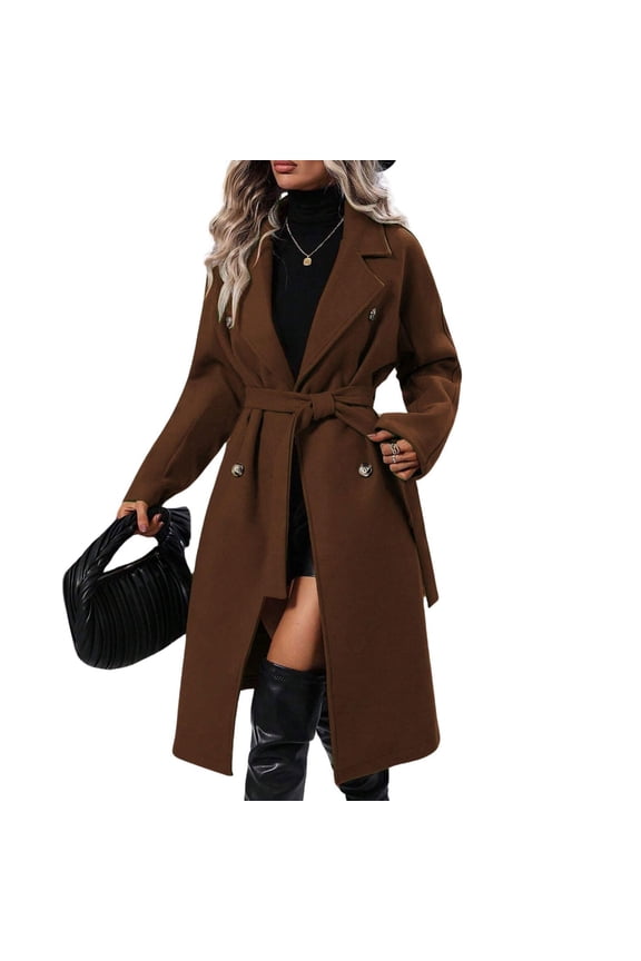 Women's long wool coat with lapel, double-breasted design, warm outerwear with belt