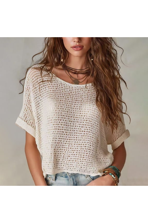Women's loose open weave knit top, short sleeve scoop neck mesh fabric loose fit casual cover up for beachwear summer activities and weekend outings, White L