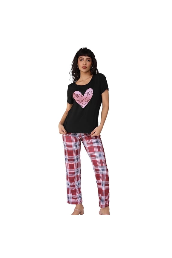Women's love-themed printed short-sleeved pants, casual home wear set that can be worn as outerwear