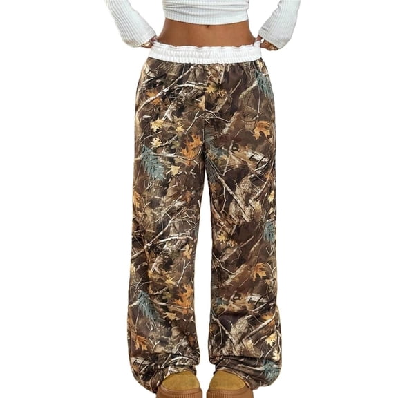 Women's maple leaf camouflage print waist wide leg high elastic casual harem pants