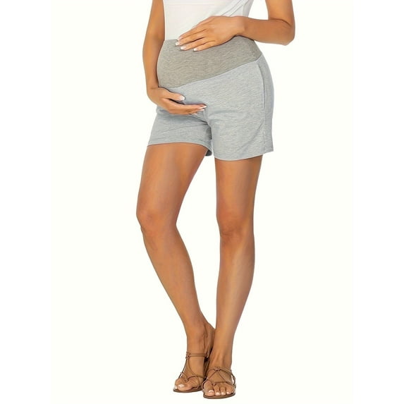 Yawrut Women's Maternity Shorts, Soft High-Waisted Wrap Around The Abdomen, with Side Pockets Onthe and a Light grey Two-Tone Patchwork Design Shorts