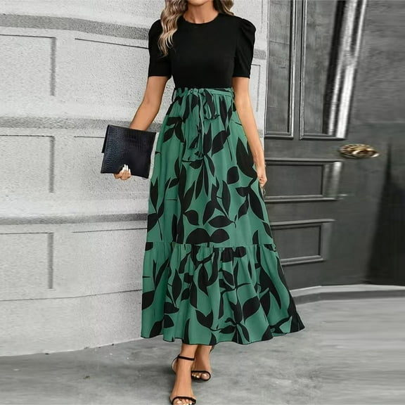 Women's midi dress Fashionable colorblock floral print dress Short sleeve tie elegant dress High waist A-line dress