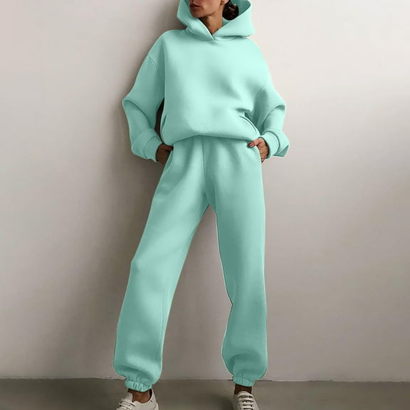 Women's Cozy Outfit Sets Solid Color Hooded Pullover Sweatshirt with Elastic Waist Long Pants