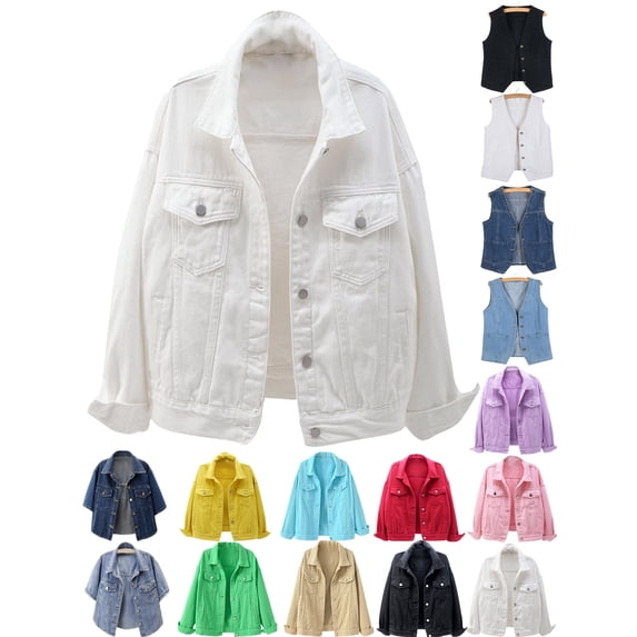 Women's Denim Jackets Women's Basic Solid Color Button Down Jacket With Pockets Denim Jacket Coat White Xl