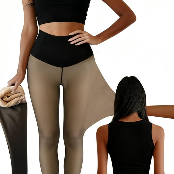 Women's Fleece Lined Tights Winter Warm Stockings Fake Translucent Pantyhose Leggings Thick Thermal Pants (S, Khaki)