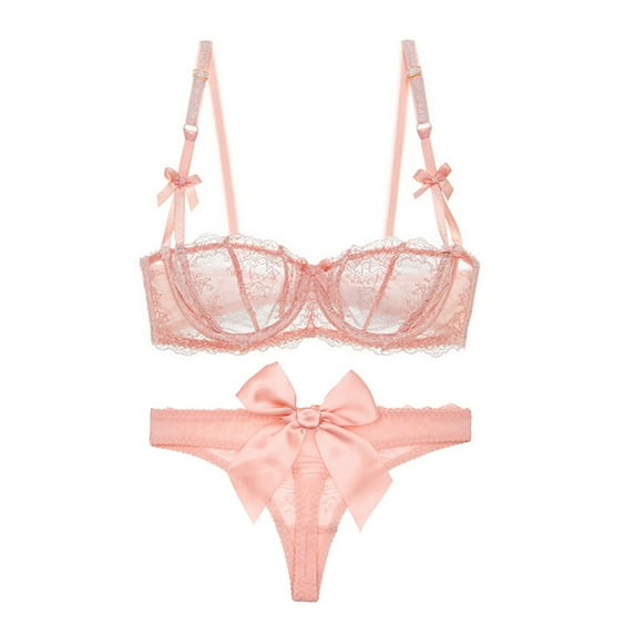 Women's Lace Unlined Balconette Demi-Cup Underwire Sheer Bra and Sexy See Through Thong