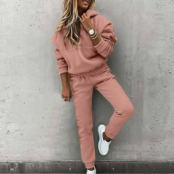 Women's Outfits 2 Piece Winter Solid Color Pullover Round Neck Hooded Sweatshirt with Bottoms