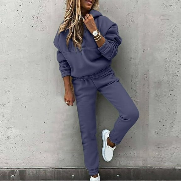 Women's Outfits 2 Piece Winter Solid Color Pullover Round Neck Hooded Sweatshirt with Bottoms