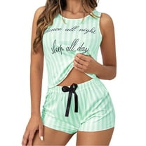 Women's Pajama Sets Monogram Spaghetti Strap Top Shorts Drawstring Shorts Womens Sleepwear,Green,L