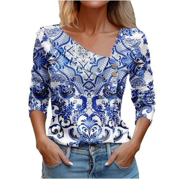Women's-neck Printed Button Long Sleeved Shirt T-shirt