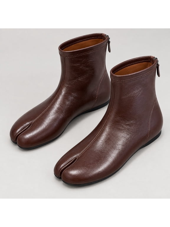 Women's niche split-toed flat-bottomed short boots, retro-textured imitation leather side zipper simple versatile elastic ankle boots