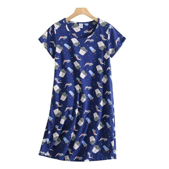 Women's nightgown women plus size cute cartoon home wear knitted cotton sweet fat short-sleeved round neck pajamas