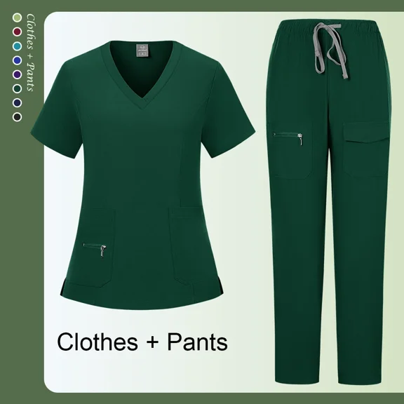Women's nurse surgical scrub set, V-neck top with athletic pants - multiple pockets, four-way stretch fabric, sizes S-XXL