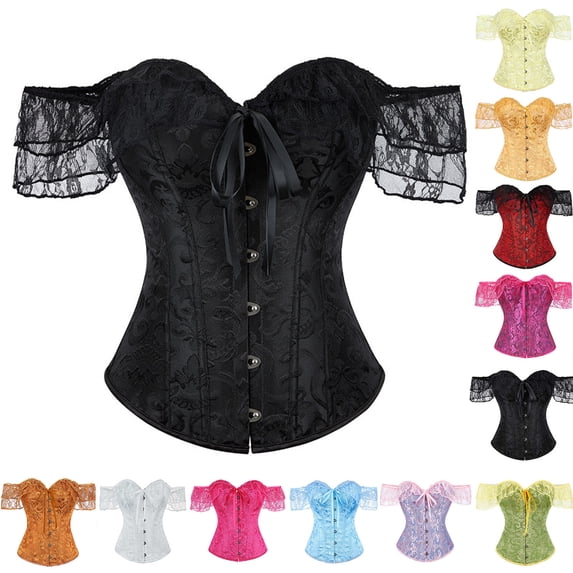 Women's off Shoulder Fishbone Corset Ruffle Lace Sleeve Vintage Floral Bustier Bodice for Vintage Wedding Bridal Halloween Party Black S