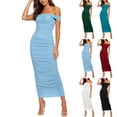 thumbnail image 1 of Women's off Shoulder Ribbed Midi Dress, Solid Sleeveless Ruched Split Bodycon Summer Club Dress Sky Blue XL(XL), 1 of 7