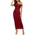 thumbnail image 1 of Women's off Shoulder Ribbed Midi Dress, Solid Sleeveless Ruched Split Bodycon Summer Club Dress Wine L(L), 1 of 7