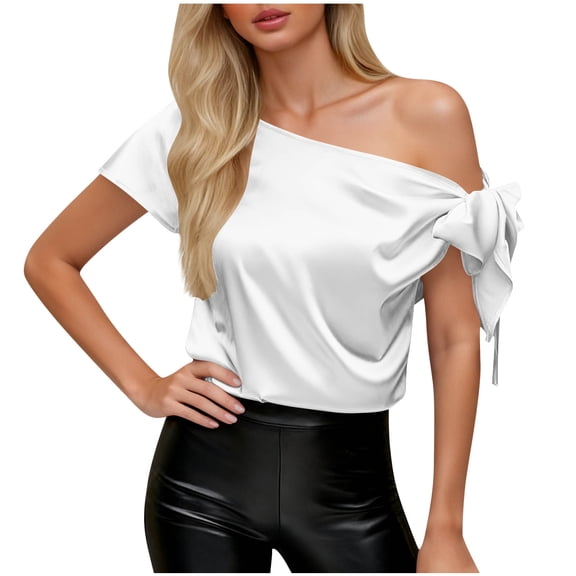 Women's off Shoulder Silk Tops Summer Casual Short Sleeve Asymmetrical Neck Satin Fashion Casual Tops