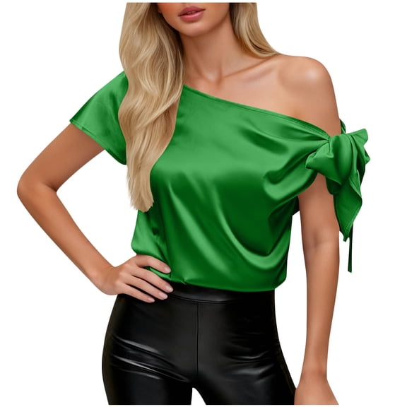 Women's off Shoulder Silk Tops Summer Casual Short Sleeve Asymmetrical Neck Satin Fashion Casual Tops