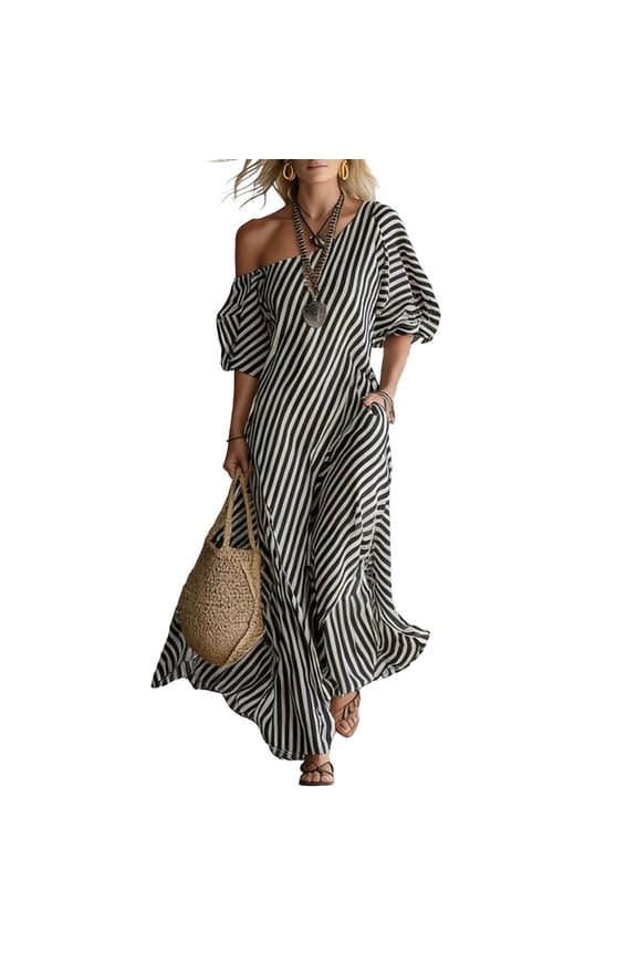 Women's off Shoulder Striped Dress Asymmetrical Hem Puff Short Sleeve Loose Fit Long Maxi Black