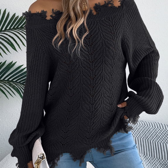 Women's off Shoulder Sweater Oversized Casual Loose Hollow out Long Sleeve Crochet Pullover Sweaters Blouse Black S