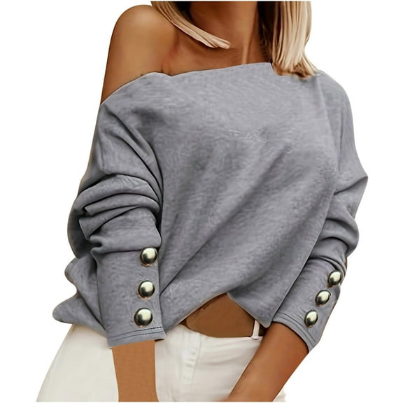 Women's off Shoulder Tops Button Long Sleeve Slim Stretchy Shirts Solide Color Casual Blouses