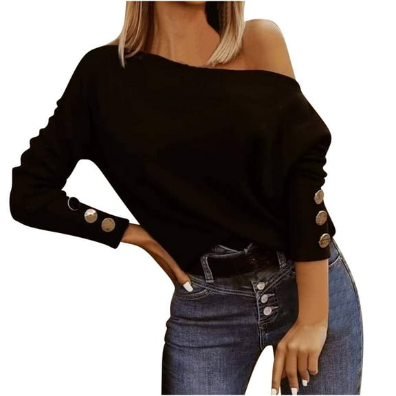Women's off Shoulder Tops Button Long Sleeve Slim Stretchy Shirts Solide Color Casual Blouses