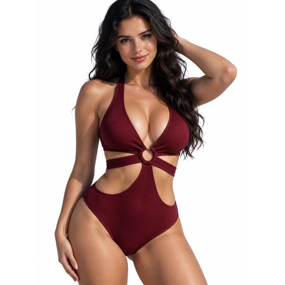 IAIKUO Women's Cutout One Piece Swimsuit Deep V Halter Bathing Suit Open Back Monokini