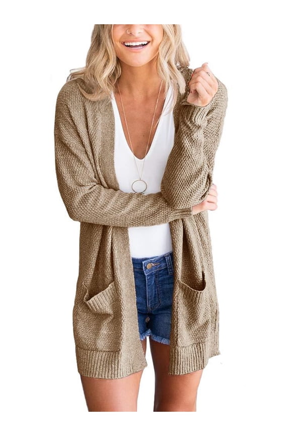 Women's open front long sweater knitted cardigan coat with pockets